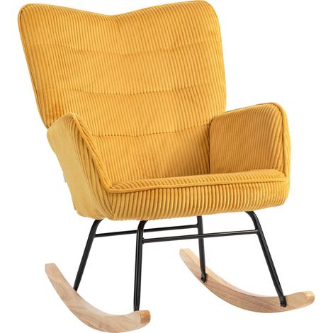 Schaukelstuhl, Schaukelsessel mit Berbervlies-Optik, Armlehne, Sessel mit Holzkufen, Relaxsessel für Wohnzimmer, Schlafzimmer, Gelb