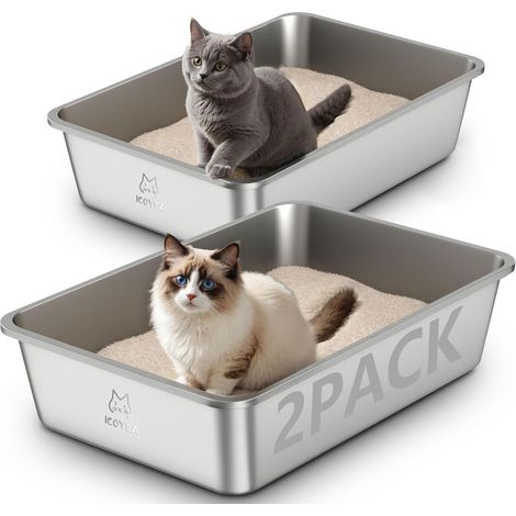 Lot de 2 Bacs à litière, Acier inoxydable, Design ouvert, Anti-odeurs, Pour grands chats et lapins