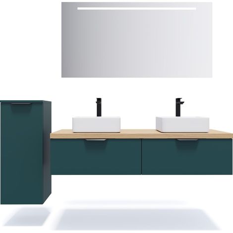 Meuble de salle de bain suspendu 2 vasques à poser 140cm 2 tiroirs Bleu + miroir + colonne ouverture gauche - Soho (1/5)