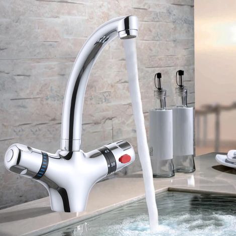 Gojoy – Mitigeur de lavabo thermostatique – Robinet en laiton poli à 2 poignées – Installation à un trou – Hauteur 230 mm – Tuyau en acier inoxydable