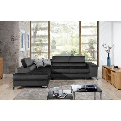 Canapé d'angle convertible - ERWAN - en tissu luxe 5 places, anthracite, angle gauche (vu de face) (1/5)