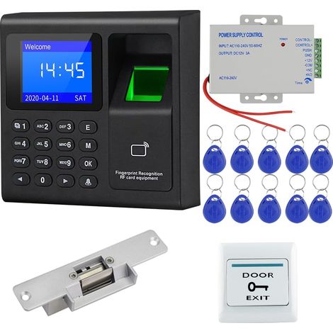 Systèmes de sécurité avec empreintes digitales - Machine de présence pour entreprise avec interrupteur de porte, alimentation, 10 porte-clés ID 125 kHz, serrure à gâche électrique NC (1/5)