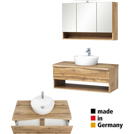 Badezimmer Waschtisch Set mit LED Beleuchtung KAHLA-03 in Wotan Eiche Nb. Abdeckplatte in Baumkantenoptik, B/H/T: ca. 101/200/52 cm (1/5)