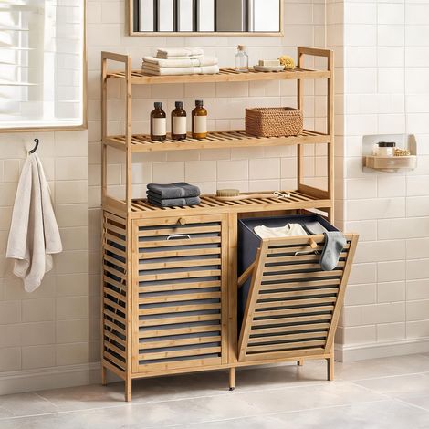Meuble range-linge bambou 80 cm 3 étagères et 2 paniers carvalho (1/5)
