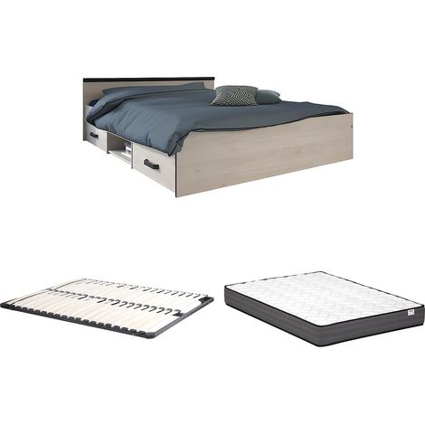 Lit avec rangements 140 x 190 cm - 2 tiroirs et 1 niche - Coloris : Naturel + Sommier + Matelas - PABLO