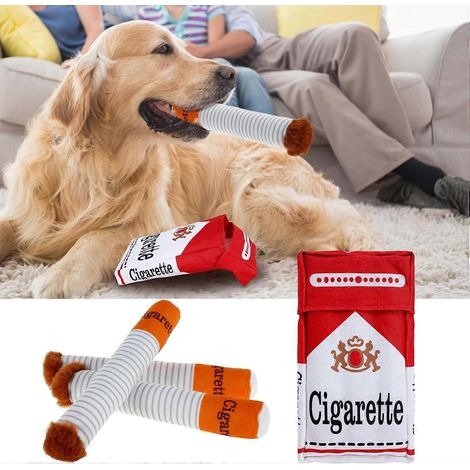 Lot de 3 jouets pour chien en forme de cigarette avec boîte en peluche, jouets interactifs et couineurs, accessoires à mâcher pour animaux de compagnie, jouet à mâcher Giggle Puff.