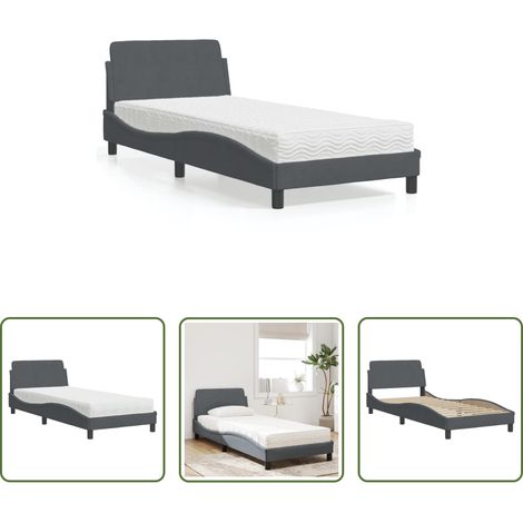 Matelas en mousse -  Lit avec matelas Dover gris foncé 90x190 cm velours (1/5)