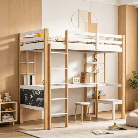 Cama alta 90x200cm – Niño – Cama multifuncional – Cama con escalera – Almacenamiento debajo de la cama – Madera blanca (1/5)