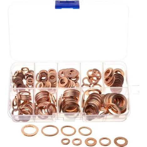 Pack of 200 copper gasket washers – 9 sizes M5 to M14 – Electrical and thermal conductivity – Compact storage case – M5-M14 (1/5)