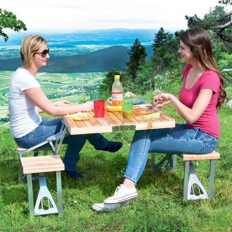 TrAdE Shop Traesio - Set Tavolo Tavolino Pieghevole Pic Nic Campeggio Alluminio Con 4 Sgabelli Legno - (1/3)