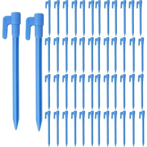 Lot de 50 piquets pour tapis de sol debout, 15 cm, piquets de tente en plastique très résistants, piquets d'auvent pour fixer une tente extérieure, un tapis de pique nique, tapis de plage (bleu) (1/5)