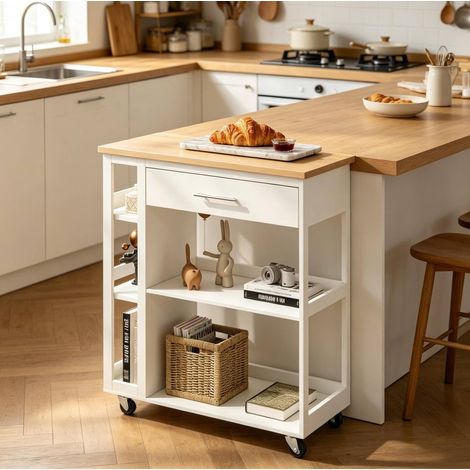 MEUBLIV Carrello da cucina su ruote bianco e effetto legno con cassetto e ripiani 73x38x88 cm (1/5)