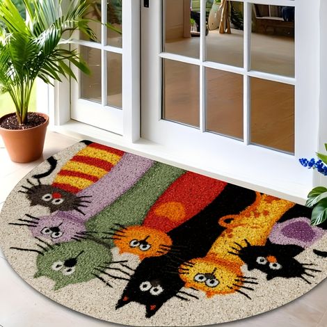 Un paillasson semi-circulaire amusant avec un chat de dessin animé - tapis coloré antidérapant pour intérieur/extérieur, 60 x 90 cm (1/5)