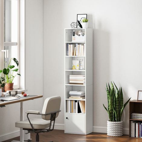 Librería de 7 Niveles Estantería para Libros Moderna con Estantes Abiertos y Puerta 40x30x180 cm Blanco (1/5)