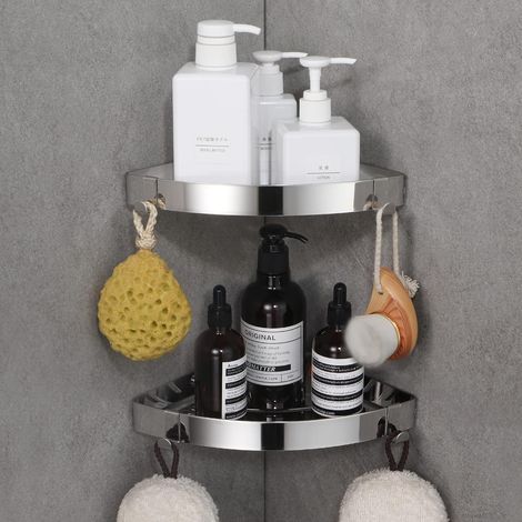 1 Étagère d'angle, Acier inoxydable, 4 Crochets, Sans perçage, Salle de bain (1/5)