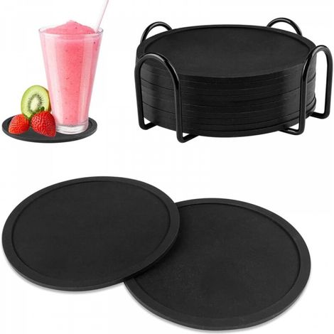 Lot de 12 dessous de verre en silicone avec support, dessous de verre noirs avec rainures, dessous de verre ronds pour tasses à café ou à bière, tasses à thé, boissons, plantes et bars (1/5)