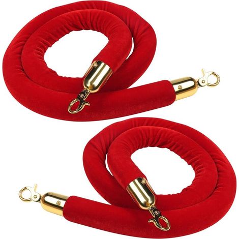 Pack of 2 Red Velvet Barrier Rope - L 150 x D 3.5 cm - Polished Gold Carabiner Hook for Delineator Posts - Thick Queue Separation and Crowd Control Barrier (1/5)