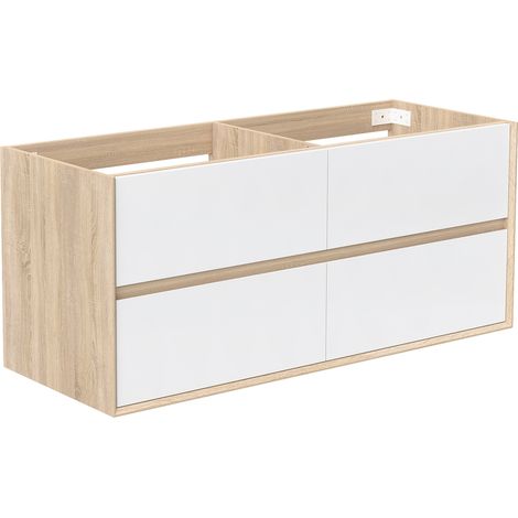 Meuble sous vasque suspendu 120 cm + 4 tiroirs, Blanc et Chêne, sans compter lavabo