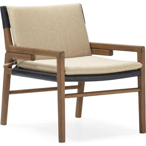 Fauteuil teck cuir tissu design naturel et confort camel noir - Teck naturel beige et noir (1/5)