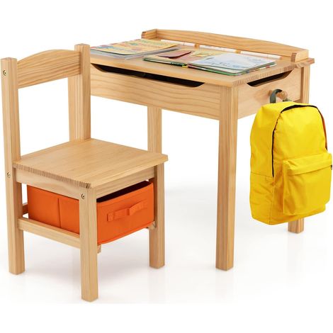 GOPLUS Table et Chaise pour Enfant 3 Ans+,avec Planteau Incliné,Table d'Activités en Bois avec Tiroir,Charnière,Naturel (1/5)