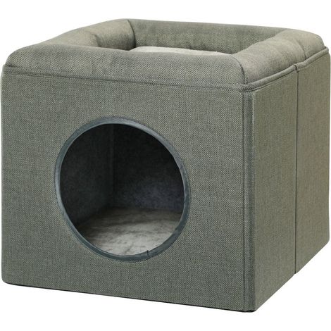 Maison niche pour chat 2 niveaux avec coussin moelleux en peluche - 36,5 x 36,5 x 33 cm gris (1/5)