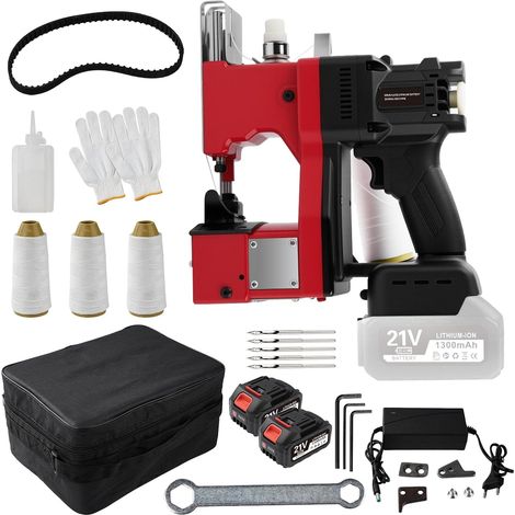 Machine à Coudre Électrique pour Sacs, 21V Machine de Fermeture de Sac avec 2 Batteries 1300mAh, 210W Portable Sac Machine à Coudre Sans Fil, Épaisseur 0,2-10 mm, pour Sacs en Tissu, à Sable, en Jute (1/5)