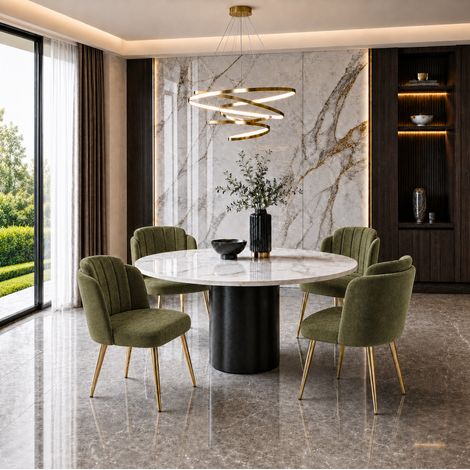 Set de 4 sillas de comedor tapizadas, respaldo curvado, patas ajustables, metal verde y dorado (1/5)