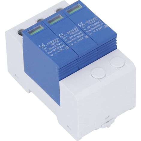 Dispositif de protection contre les surtensions (SPD) pour disjoncteur photovoltaïque, 1000 V CC, 40 kA, bleu et blanc, triphasé. (1/5)