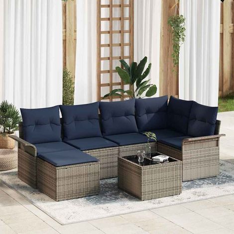 Ensemble canapé de jardin 6 places en polyrotin gris avec coussins et table réglable - PANGIVO (1/5)