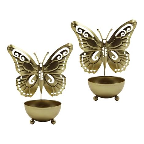 Lot de 2 chandeliers en métal, forme papillon, élégants, en fer forgé. Porte-bougies pour la décoration intérieure, faits main, couleur or. (1/5)