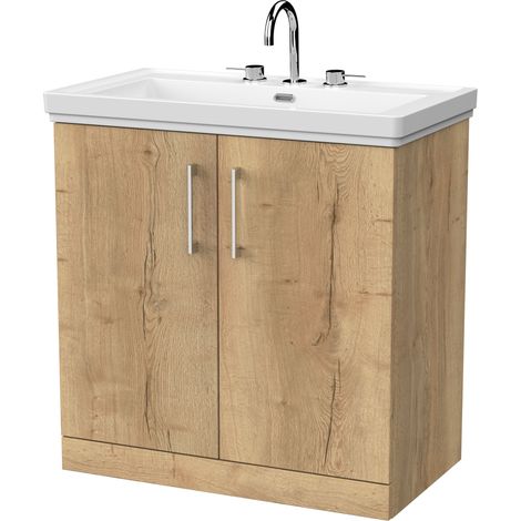 Pershall Contemporary Floor Standing 2 Door Vanity Unit with Traditional 3 Tap Hole Fireclay Basin, 800mm, Autumn Oak