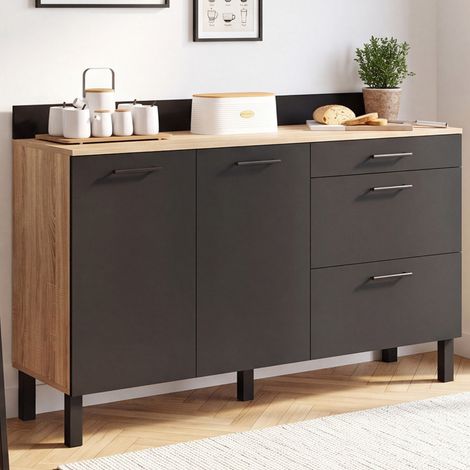 Mueble bajo de cocina para ollas de 140 cm <>, encimera de 83 cm de altura, 2 puertas &43 3 cajones, en haya y negro (1/5)
