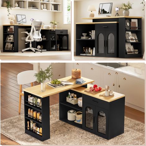Isla de cocina fija con mesa giratoria de 360°, mueble de almacenamiento, mesa de bar con cajón y estantes, aparador de cocina con estante de almacenamiento para comedor y bar. (1/5)