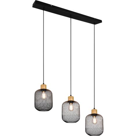 Lampada Sospensione Barra 3 Diffusori Gabbia Rete Neri e Legno Calimero GD Trio