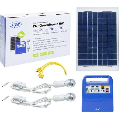Système solaire photovoltaïque PNH GreenHouse H01 30W avec batterie 12V / 7Ah, USB / Radio / MP3, 2 ampoules LED (1/4)