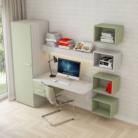 Scrivania sospesa design con mensola luminosa, pensili e armadio - Rovere rock (1/5)