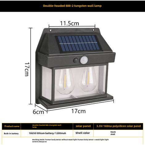 Aplique de pared solar con sensor de movimiento, función de luz cálida automática y cable de tungsteno (888-2, doble luz, negro) (1/5)