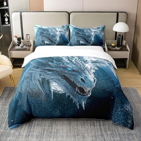 Coton, Housse de Couette Dragon Bleu 200x200, Ensemble de Literie pour Filles Enfants Garçons, Parure de Lit Imprimée Dragon 3D (1/5)