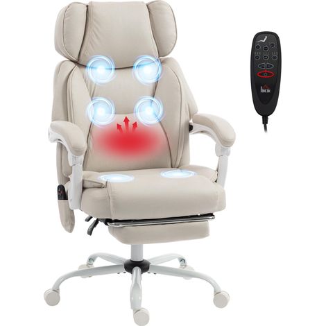 Fauteuil de bureau inclinable avec massage vibrant à 6 points, chauffage lombaire, appui-tête et repose-pieds réglables - Crème