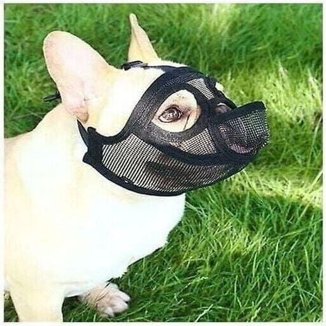 Mesh dog muzzle, short snout, dog muzzle, adjustable breathable mesh muzzle, bulldog muzzle for biting, chewing, barking, dog mask, black, L