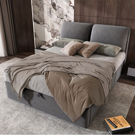 Polsterbett mit Stauraum 140 x 190 cm aus grauem Samt mit Kopfteil OKMYHOME (1/5)