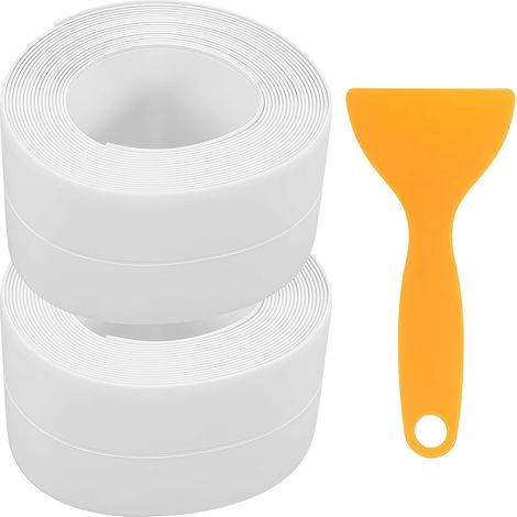 Plinthe Autocollante Souple, Set 2 Rouleaux de Joint d'Étanchéité + 1 Raclette, 3.8cm x 3.2m, pour Cuisine, Salle de Bain, Flexible (1/5)
