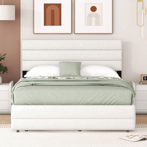 Lit plateforme 140 x 200 cm avec rangement intégré, tiroirs coulissants et système anti-enfoncement, beige – lit pour deux personnes (1/4)