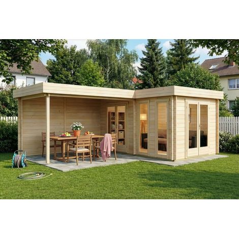 Alpholz Gartenhaus aus Holz, Holzhaus mit 44 mm Wandstärke inklusive Schleppdach Blockbohlenhaus (1/4)