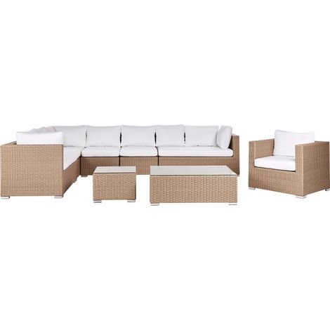 Conjunto de jardín 9 plazas de ratán sintético con sofá cojines blancos beige arena XXL