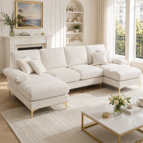 Divano panoramico a U 272 x 136 x 88 cm, 2 posizioni relax, beige HAVRYA (1/5)