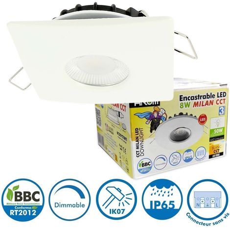 Encastrable LED 8W MILAN CCT IP65 IK07 Collerette Carrée Blanche avec Transformateur Dimmable