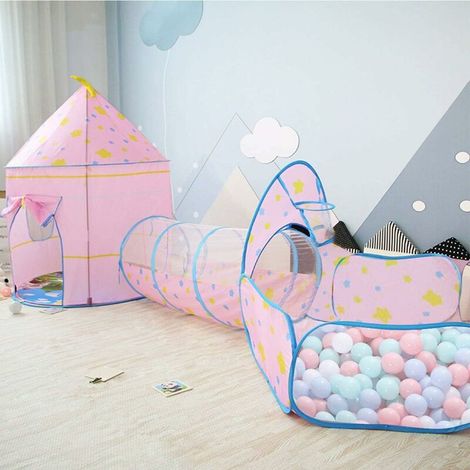 Kids Play Tent, 3 in 1 Castle Tent Exploration Tunnel and Indoor Playhouse for Toddler Boys Girls (Pink) (1/5)