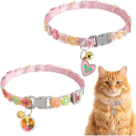 Lot de 2 colliers pour chat avec fermeture de sécurité - Réglable - Avec clochette et pendentif - Fleurs - Collier doux pour chaton et chiot (1/5)