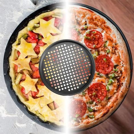 Plaque à pizza ronde de 32 cm en acier carbone avec trous pour pizza et tartes flambéesperforée et antiadhésive Polyvalente D [417] (1/4)